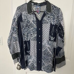 Johnny Was Collection Silk Navy Patterned Button Down Long Sleeve - S